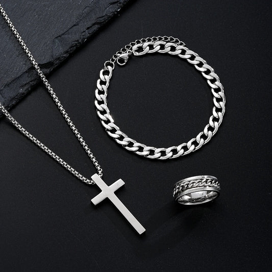 Men’s Stainless Steel Jewelry Set – Necklace, Bracelet & Ring